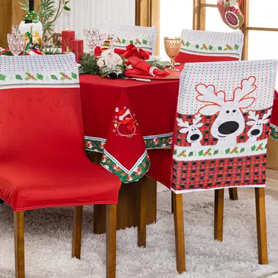 Kit de Capas de Cadeira Jantar Estampadas Natalina Ajustável com Elástico 06 Peças - Protetora Cozinha Malha Gel Helanca