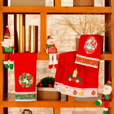 Kit de Panos de Copa Bordado Felpudo Natalino 03 Peças - Decoração Natal Guardanapo de Prato 100% Algodão Alvejado