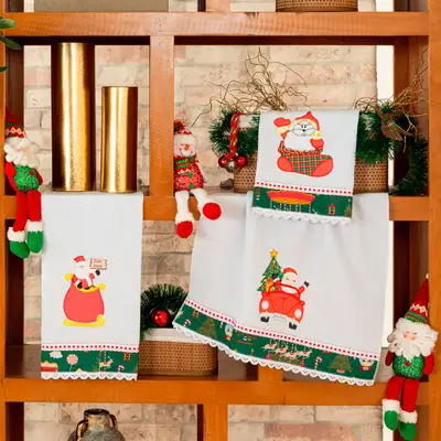 Kit de Panos de Copa Bordado Felpudo Natalino 03 Peças - Decoração Natal Guardanapo de Prato 100% Algodão Alvejado
