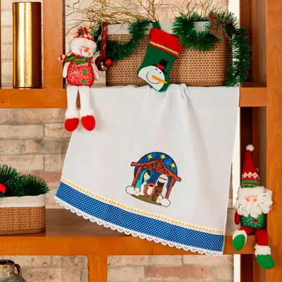 Pano de Copa Avulso Bordado Felpudo Presépio Natalino - Decoração Natal Guardanapo de Prato 100% Algodão Alvejado