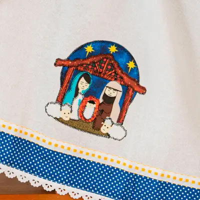 Pano de Copa Avulso Bordado Felpudo Presépio Natalino - Decoração Natal Guardanapo de Prato 100% Algodão Alvejado