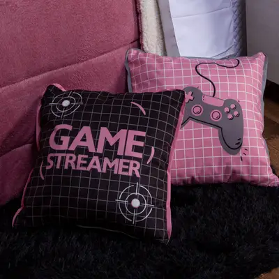 Par de Almofadas Cheias Game Streamer Preto/Rosê 45cm x 45cm - Com Viés