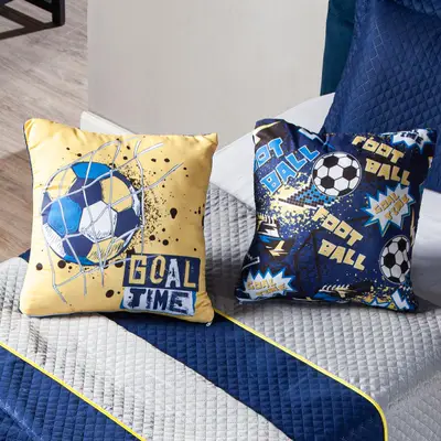 Par de Almofadas Estampadas Cheias Futebol Goal Amarelo/Azul Marinho 45cm x 45cm - Enchimento Refil em Silicone