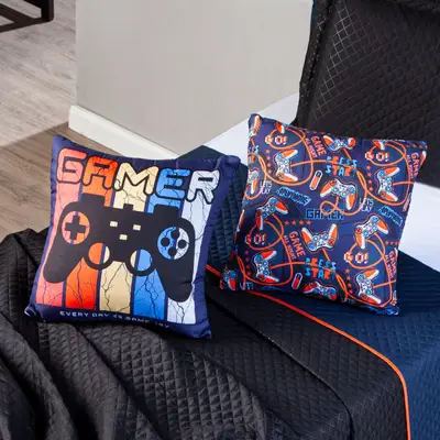 Par de Almofadas Estampadas Cheias Gamer Day Azul Marinho 45cm x 45cm - Enchimento Refil em Silicone