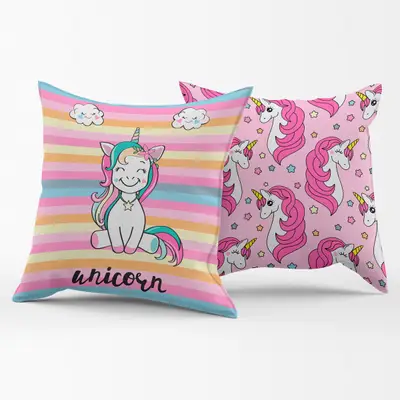 Par de Almofadas Estampadas Cheias Unicórnio Listrado Pink 45cm x 45cm - Enchimento Refil em Silicone