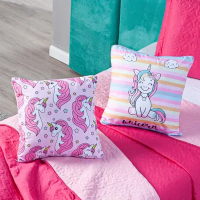 Par de Almofadas Estampadas Cheias Unicórnio Listrado Pink 45cm x 45cm - Enchimento Refil em Silicone