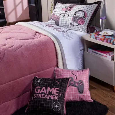 Par de Capa de Almofada Game Streamer Preto/Rosê 45cm x 45cm - Com Viés