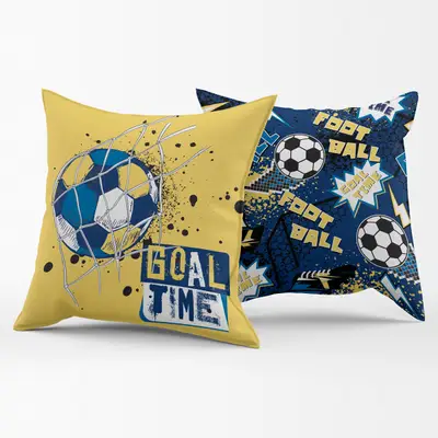 Par de Capas de Almofadas Estampadas Futebol Goal Amarelo/Azul Marinho 45cm x 45cm - Decoração para Quarto