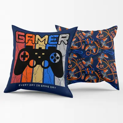 Par de Capas de Almofadas Estampadas Gamer Day Azul Marinho 45cm x 45cm - Decoração para Quarto
