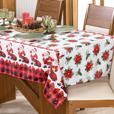 Toalha de Mesa Quadrada Avulsa Estampada Natalina com Hotfix 1,40m x 1,40m para 04 Lugares - Decoração Natal Fim de Ano