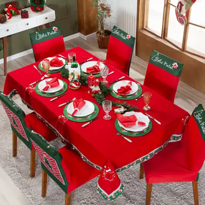 Toalha de Mesa Retangular Avulsa Bordada Natalina Boneco de Neve Vermelho 2,20m x 1,50m para 06 Lugares