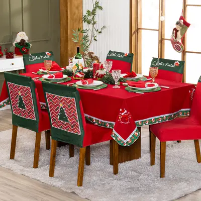 Toalha de Mesa Retangular Avulsa Bordada Natalina Boneco de Neve Vermelho 2,50m x 1,50m para 08 Lugares