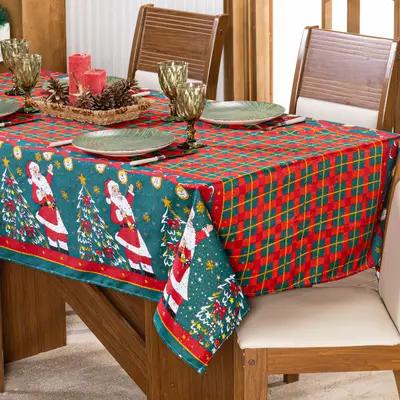 Toalha de Mesa Retangular Avulsa Estampada Natalina com Hotfix 2,20m x 1,40m para 6 Lugares - Decoração Natal Fim de Ano