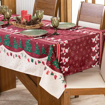 Toalha de Mesa Retangular Avulsa Estampada Natalina com Hotfix 2,50m x 1,40m para 8 Lugares - Decoração Natal Fim de Ano