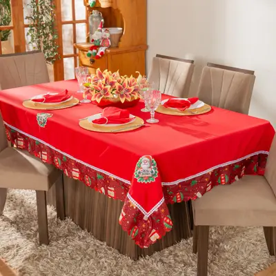 Toalha de Mesa Retangular para 6 Lugares Avulsa Bordada Natalina 2,20m x 1,50m - Decoração Natal Fim de Ano