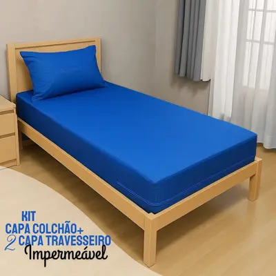 Kit Capa Para Colchão Solteiro Hospitalar Impermeável Com Ziper + 02 Capas Travesseiro Impermeável azul