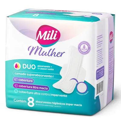 Absorvente Higiênico Feminino Mili Mulher Duo  8 Unidades Superabsorvente, Anatômico, Hipoalergênico