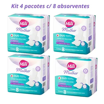 Absorvente Higiênico Feminino Mili Mulher Duo (menstrual + escape de urina)  kit 4 pacotes c/8 Uni