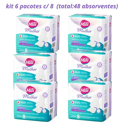 Absorvente Higiênico Feminino Mili Mulher Duo (menstrual + escape de urina) kit 6 pacotes c/8 Un (total: 48)