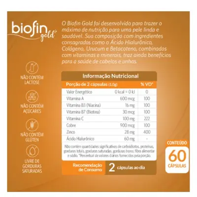Biofin Gold  Ácido Hialurônico, Colágeno, Urucum, Betacoteno, Vit B3, B7, C, Cobre e Zinco - Chamel - 60 capsulas