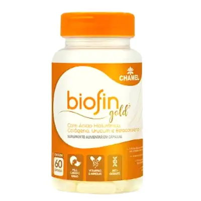 Biofin Gold  Ácido Hialurônico, Colágeno, Urucum, Betacoteno, Vit B3, B7, C, Cobre e Zinco - Chamel - 60 capsulas