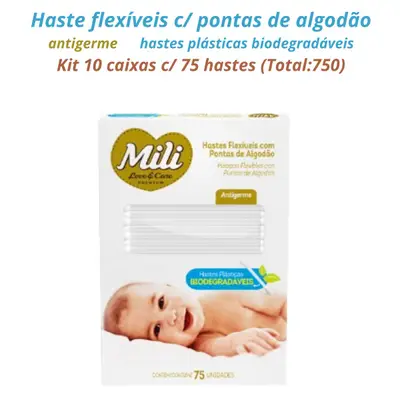 Cotonete Hastes Flexiveis 10  caixas c/ 75 Biodegradável  MILI   (Total: 750 hastes)
