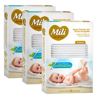 Cotonete Hastes Flexiveis 3 caixas c/ 75 unidades Biodegradável - MILI  (total: 225 hastes)
