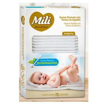 Cotonete Hastes Flexiveis 4 caixas c/ 75 unidades Biodegradável - MILI  (Total 300 hastes)