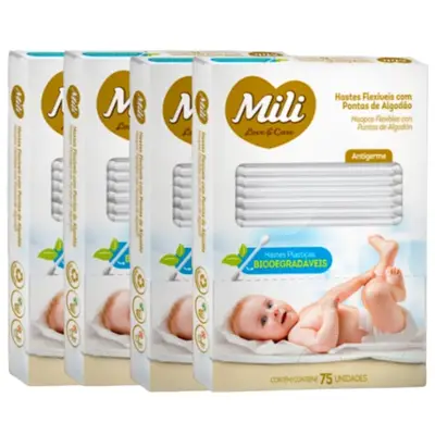 Cotonete Hastes Flexiveis 4 caixas c/ 75 unidades Biodegradável - MILI  (Total 300 hastes)