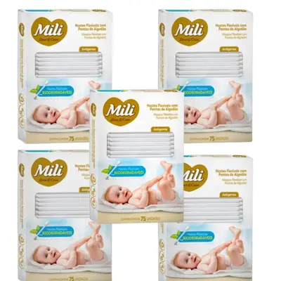 Cotonete Hastes Flexiveis 5 caixas c/ 75 unidades Biodegradável - MILI (Total: 375 hastes)