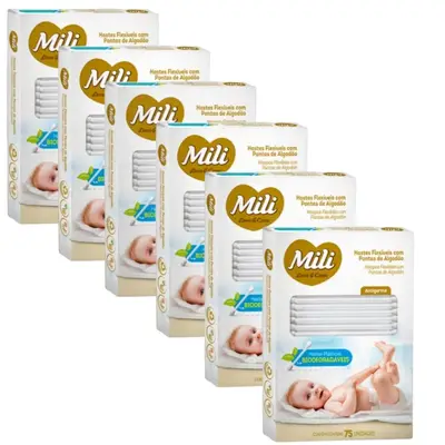 Cotonete Hastes Flexiveis 6 caixas c/ 75 Biodegradável  MILI