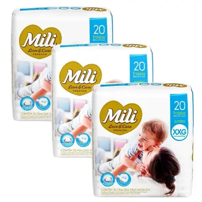 Fralda Descartável MILI Love&amp;Care Tamanho: XXG  3 Pacotes c/ 20