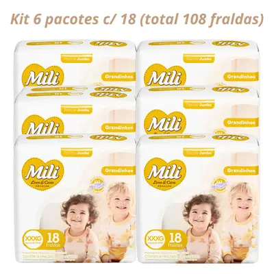 Fralda Descartável Mili Love & Care 6 Pacotes c/ 18 (total: 108 fraldas) Tam: XXXG - Grandinho