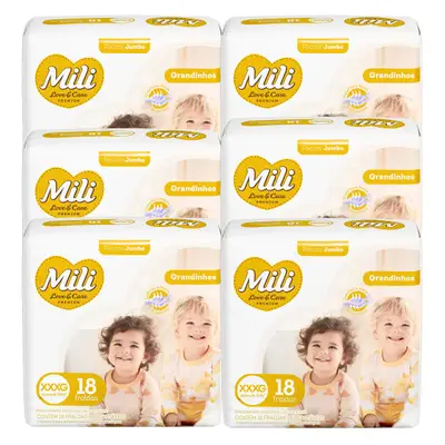 Fralda Descartável Mili Love & Care 6 Pacotes c/ 18 (total: 108 fraldas) Tam: XXXG - Grandinho