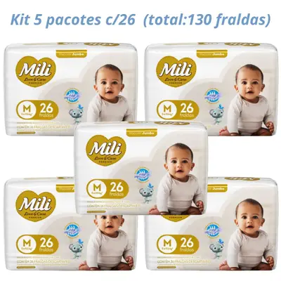 Fralda Descartável Mili- Love&amp; Care Linha Premiun Tam: M  5Pacotes c/26  (total=130 Fraldas)