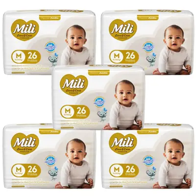 Fralda Descartável Mili- Love&amp; Care Linha Premiun Tam: M  5Pacotes c/26  (total=130 Fraldas)
