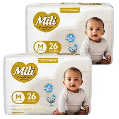 Fralda Descartável Mili  Love &amp; Care  Linha Premiun  Tamanho M  2 Pacotes c/ 26 (Total: 52 fraldas)