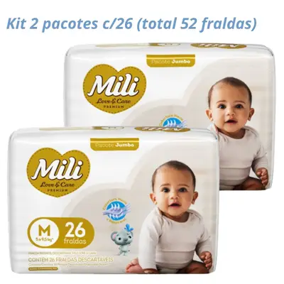 Fralda Descartável Mili  Love &amp; Care  Linha Premiun  Tamanho M  2 Pacotes c/ 26 (Total: 52 fraldas)