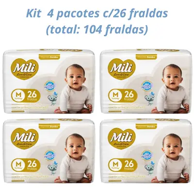 Fralda Descartável Mili- Love&amp; Care- Linha Premiun- Tamanho M- 4 PACOTES (total=104 Fraldas)