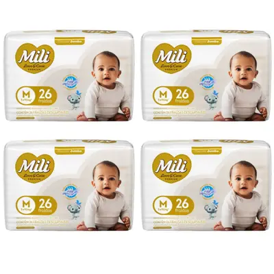 Fralda Descartável Mili- Love&amp; Care- Linha Premiun- Tamanho M- 4 PACOTES (total=104 Fraldas)