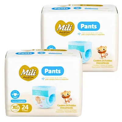Fralda Descartável Mili Love &amp; Care PREMIUM  PANTS (Tam XG)  cintura elástica 360º -2  pacotes c/ 24 (total 48)