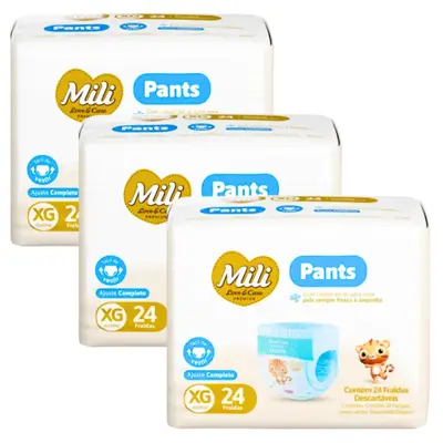 Fralda Descartável Mili Love &amp; Care PREMIUM  PANTS (Tam XG)  cintura elástica 360º - 3  pacotes c/ 24 (total  72)