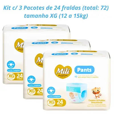 Fralda Descartável Mili Love &amp; Care PREMIUM  PANTS (Tam XG)  cintura elástica 360º - 3  pacotes c/ 24 (total  72)