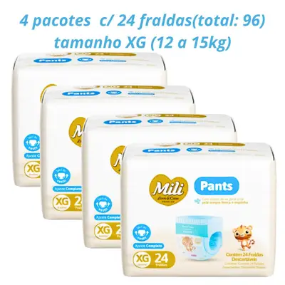 Fralda Descartável Mili Love &amp; Care PREMIUM  PANTS (Tam XG)  cintura elástica 360º - 4  pacotes c/ 24 (total  96)