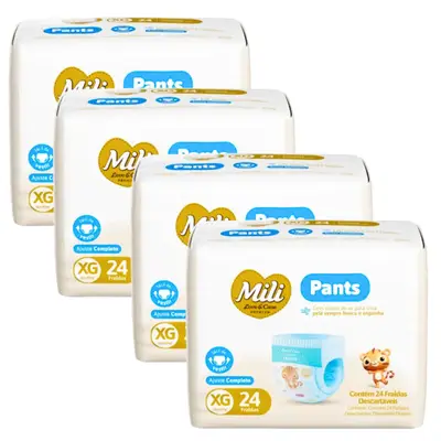 Fralda Descartável Mili Love &amp; Care PREMIUM  PANTS (Tam XG)  cintura elástica 360º - 4  pacotes c/ 24 (total  96)