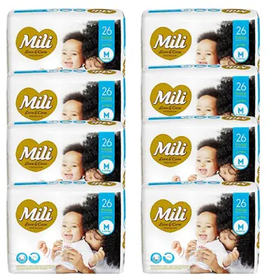 Fralda Love Care Mili Tam M - 8 Pacotes com 26 fraldas    (total  208 fraldas)