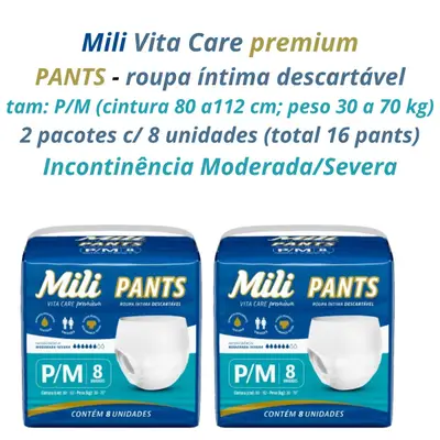 Fralda Pants Adulto Mili Vita Care  Tam P/M premium 2 pacotes c/ 8 (total 16)