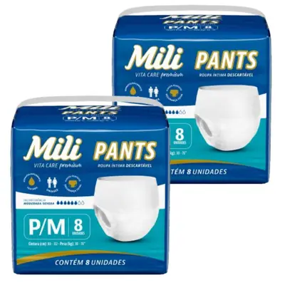 Fralda Pants Adulto Mili Vita Care  Tam P/M premium 2 pacotes c/ 8 (total 16)