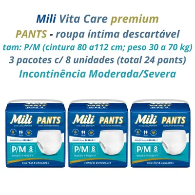 Fralda Pants Adulto Mili Vita Care  Tam P/M premium 3 pacotes c/ 8 (total 24)