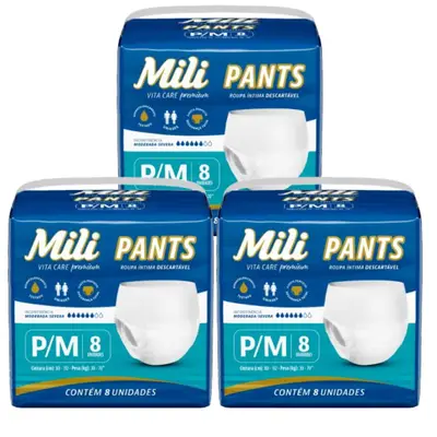 Fralda Pants Adulto Mili Vita Care  Tam P/M premium 3 pacotes c/ 8 (total 24)